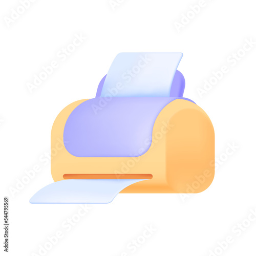 Yellow and purple printer with sheet of paper 3D icon. Three-dimensional printing machine, modern equipment for office vector illustration on white background. Technology, job concept