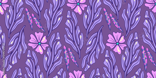 Seamless flower trippy psychedelic pattern. Purple psychedelic seamless pattern. Magic floral daisy print. Trippy design hippie floral flat illustration. Retro y2k print.