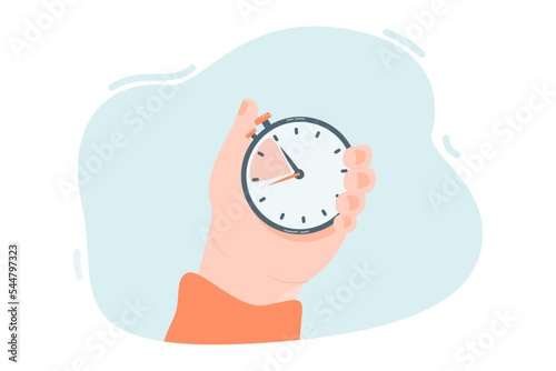 Timer in human hand flat vector illustration. Hand holding stopwatch or timekeeper on blue background, recording time. Countdown, deadline, measurement, management concept