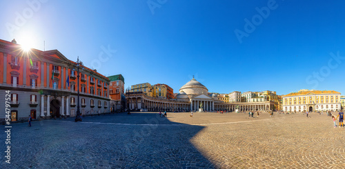 Fototapeta Naklejka Na Ścianę i Meble -  Piazza del Plebiscito and Old Architecture Buildings in Downtown City of Naples, Italy. Sunny Day. Panorama