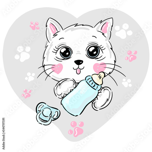 Cute cat. Little kitten drinking milk from bottle and pacifier on grey heart spot . Illustration for baby, newborn or kids prints on t-shirts