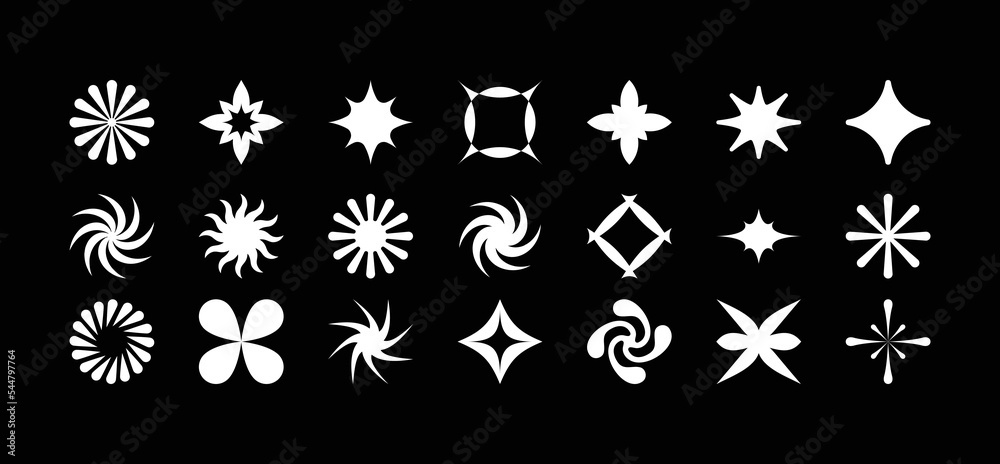Vector set of minimalist brutalist design elements, futuristic shapes and geometric figures and stars - abstract background elements for branding, packaging, prints and social media posts
