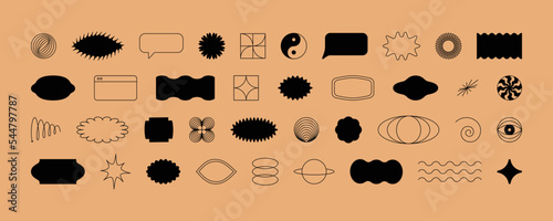 Vector set of minimalist brutalist design elements, futuristic shapes and geometric figures and stars - abstract background elements for branding, packaging, prints and social media posts