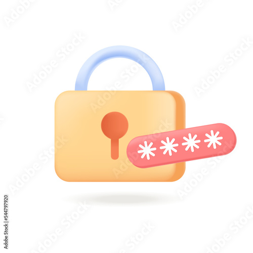 Metal lock with asterisk symbols as password 3D icon. Padlock with code, protection of personal data or information 3D vector illustration on white background. Privacy, security or safety concept