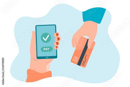 Hands holding credit card and mobile phone with banking app. Person paying with bank card, transferring money or shopping online flat vector illustration. Payment, finance concept