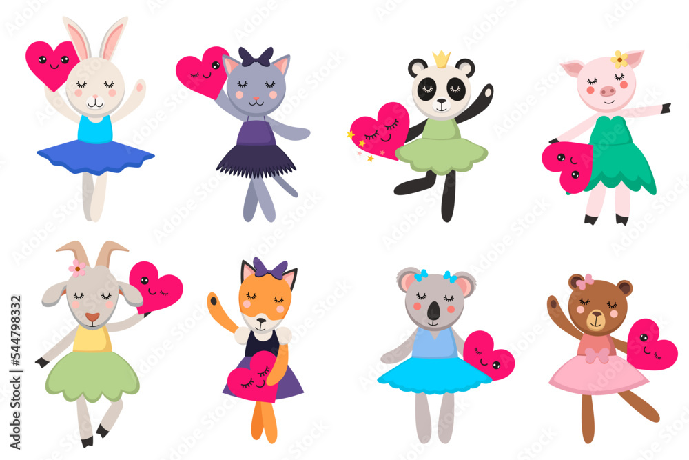 Dancing ballet animals in dresses vector set. Cartoon illustrations of animals wearing dresses dancing ballet holding pink hearts isolated on white background. Entertainment, childhood concept.