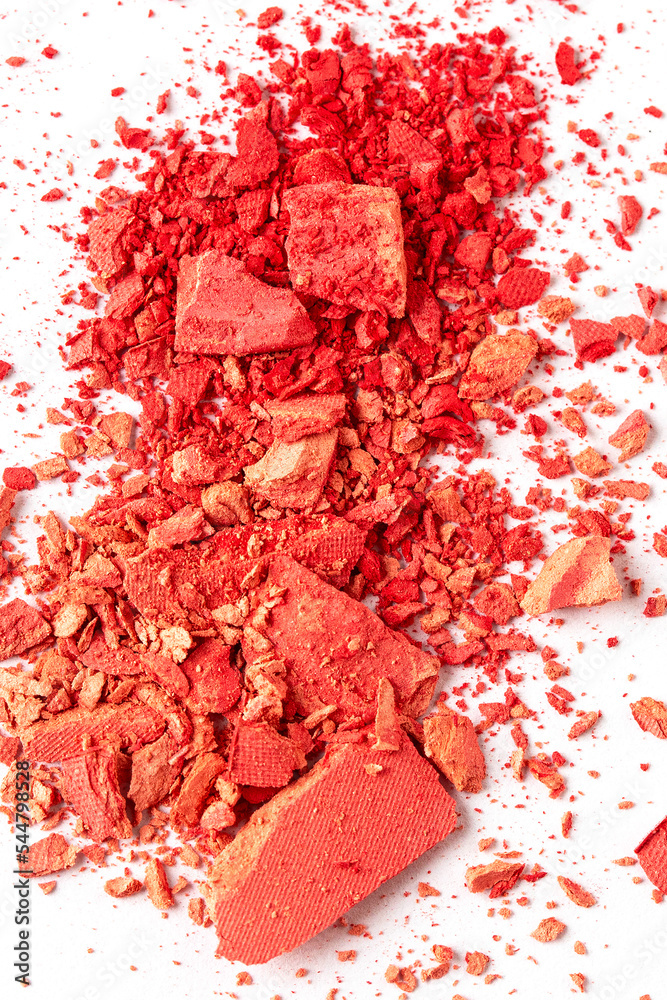 Pink red crashed blush or eye shadow on white background. Make up color swatch Pink red crashed blush or eye shadow on white background. Make up color swatch