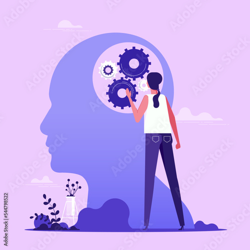 Businesswoman installing gears in human head, business initiative, mindset improvement concept