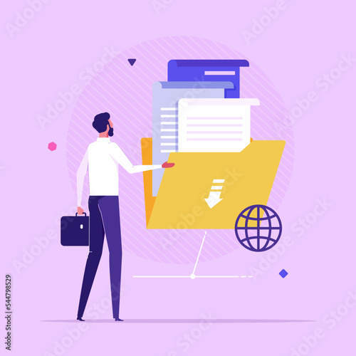 Businessman holding folder full of documents. Concept of data network, international online service for file management, information organization and storage, flat vector illustration