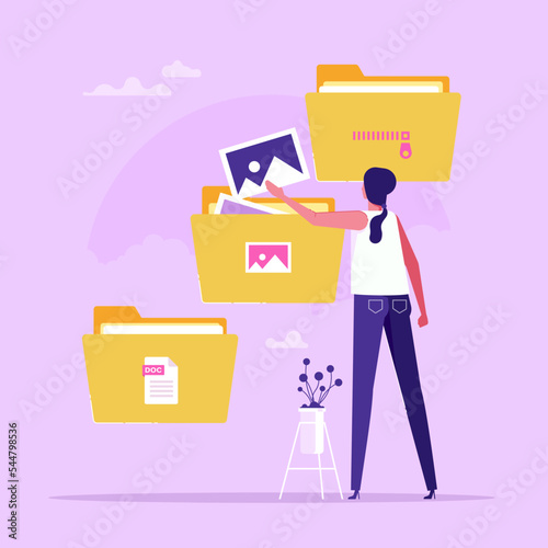 Woman carrying documents and media content. Concept of file management, keeping in order electronic information, business data organization and storage, digital archive, flat vector illustration