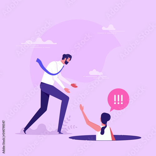 Businessman rescuing fallen into pit or hole. Concept of helping hands, friend’s support, aid or assistance, problem solving, saving from difficulty