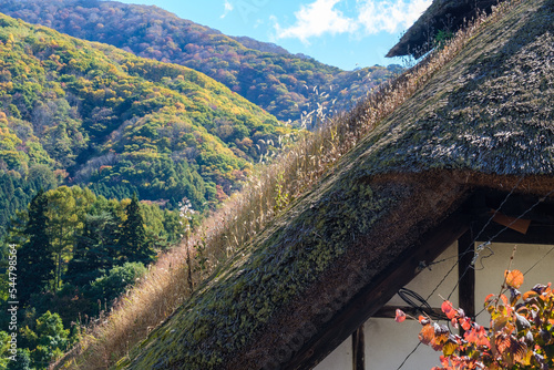 茅葺屋根と山並 photo