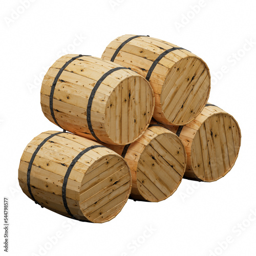 3D RENDERING OF WOODEN BARRELS ISOLATED ON WHITE PLAIN BACKGROUND