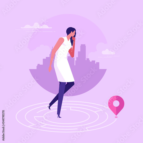 Thoughtful woman standing in maze and searching for exit. Concept of problem solving, business thinking, finding solution, strategic decision making, flat vector illustration