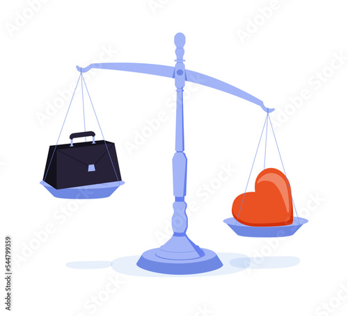 Health and work on scales. Balance job, money and sleep. Comparison business stress and healthy life. Employees vector