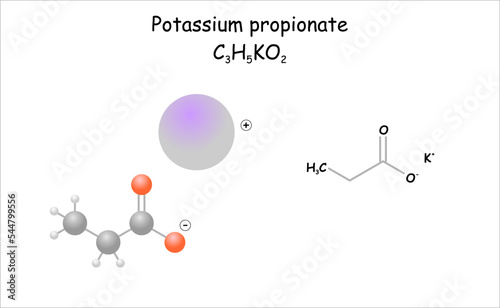 Stylized molecule model/structural formula of potassium propionate.