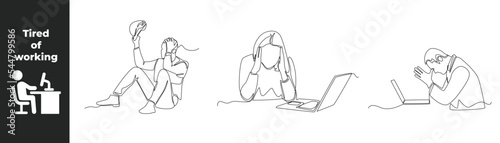 Continuous one line drawing fatigue set concept at work. Workers are tired from work because they are overloaded with business tasks. Single line draw design vector graphic illustration. 