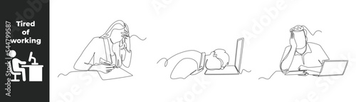 Continuous one line drawing fatigue set concept at work. Tired male office worker sitting. Woman keep ear closed and tired sitting at her working place in office. Single line draw design vector graph.