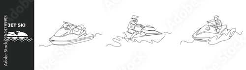 Single one line drawing Riding Jet Ski set concept. young man sport in a helmet and life jacket on a jet ski and Jet Ski Icon. Continuous line draw design graphic vector illustration. 