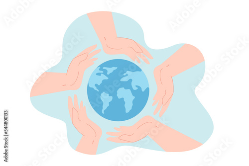Human hands holding globe of Earth together. Support, care for planet from community of people flat vector illustration. Awareness, peace concept for banner, website design or landing web page