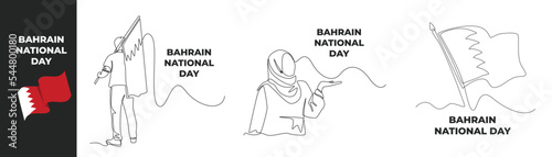 Single one line drawing Bahrain national day set concept. Happy man and woman celebrating Bahrain national day and flag of Bahrain. Continuous line draw design graphic vector illustration. 