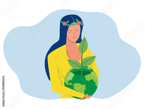 World Earth Day green eco energy , Young  woman embracing the planet Earth with World Earth Day and Save the Planet concept of conservation, protection and reasonable consumption of natural resources.