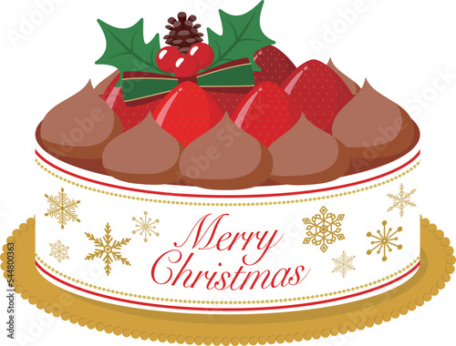 いちごの乗ったチョコレート味のクリスマスケーキのベクターイラスト