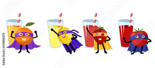 Fruit in superhero costumes with lemonade glasses vector set. Cartoon illustrations of fruit in superhero uniform standing in front of glasses isolated on white background. Childhood, drinks concept.