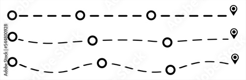 Black dotted line path with black location pin pointers. Start and end journey symbol. Travel path set. Line path collection. Way and location pointers. GPS concept. Vector graphic illustration.