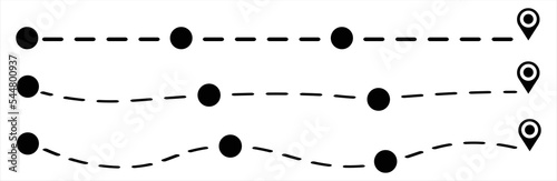 Black dotted line path with black location pin pointers. Start and end journey symbol. Travel path set. Line path collection. Way and location pointers. GPS concept. Vector graphic illustration.