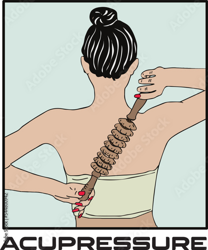 acupressure vector illustration symbol, woman using acupressure wood roller clip art, acupressure banner, alternative treatment symbol