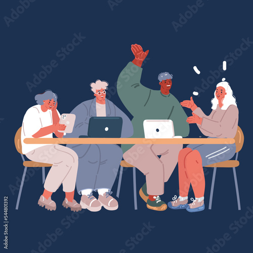 Cartoon vector illustration of Casual teamwork - Diverse team of people working together with computers. Teamwork at table