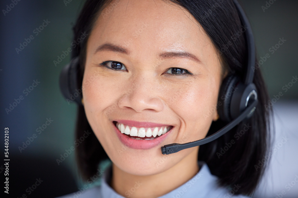 Face, telemarketing and customer support working in a call center with happy smile. Asian customer service operator with headset consulting, help and online advice for contact us, crm and consultant Face, telemarketing and customer support working in a call center with happy smile. Asian customer service operator with headset consulting, help and online advice for contact us, crm and consultant