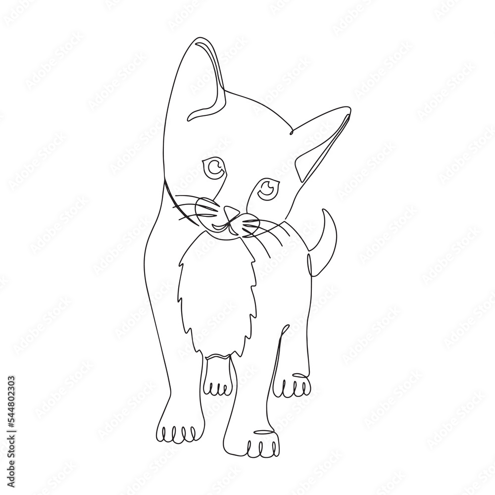 Cute kitten in one line. Continuous linear drawing of a pet.Minimalist one-line drawing.