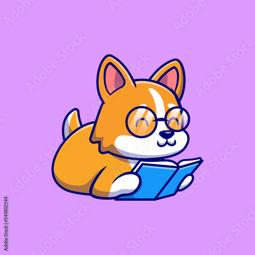 Cute Corgi Dog Reading Book Cartoon Vector Icon 
Illustration. Animal Education Icon Concept Isolated Premium 
Vector. Flat Cartoon Style