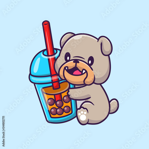 Cute Bulldog With Bubble Milk Tea Cartoon Vector Icon 
Illustration. Animal Drink Icon Concept Isolated Premium 
Vector. Flat Cartoon Style