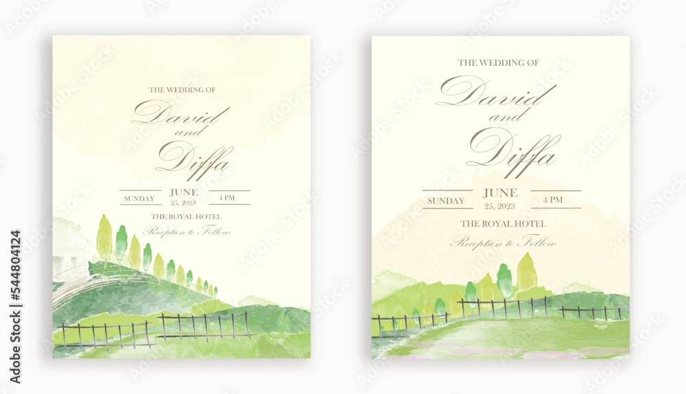 vintage wedding invitation with scenery theme and watercolor elements