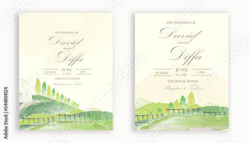 vintage wedding invitation with scenery theme and watercolor elements
