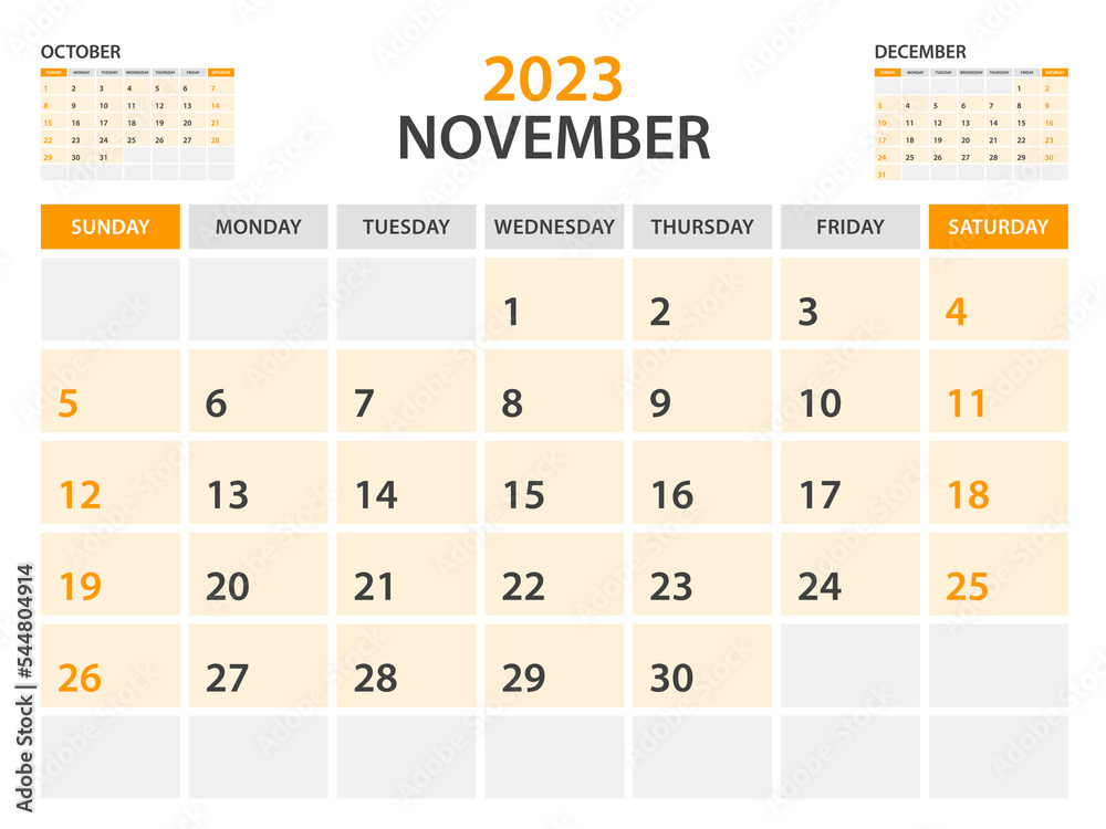Calendar 2023 template-November 2023 year, monthly planner, Desk Calendar 2023 template, Wall calendar design, Week Start On Sunday, Stationery, printing, office organizer vector, orange background Calendar 2023 template-November 2023 year, monthly planner, Desk Calendar 2023 template, Wall calendar design, Week Start On Sunday, Stationery, printing, office organizer vector, orange background
