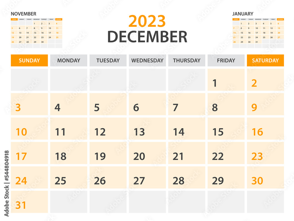 Calendar 2023 template-December 2023 year, monthly planner, Desk Calendar 2023 template, Wall calendar design, Week Start On Sunday, Stationery, printing, office organizer vector, orange background Calendar 2023 template-December 2023 year, monthly planner, Desk Calendar 2023 template, Wall calendar design, Week Start On Sunday, Stationery, printing, office organizer vector, orange background