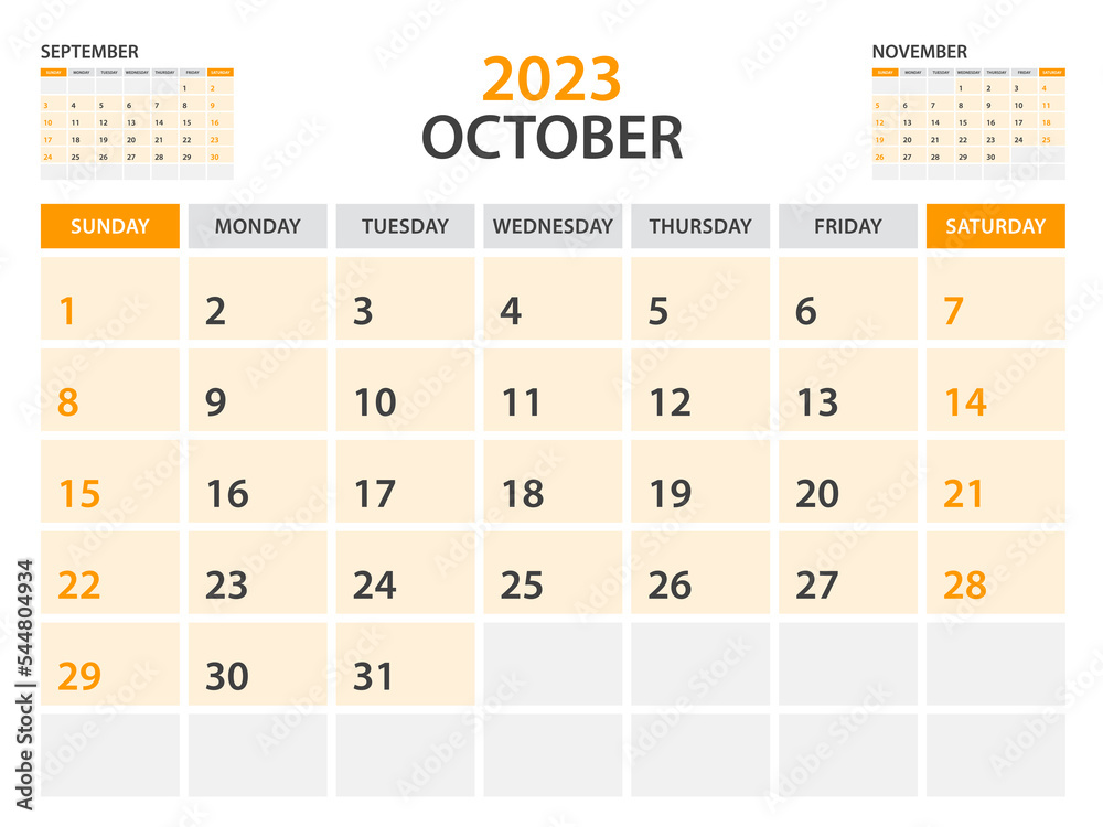 Calendar 2023 template-October 2023 year, monthly planner, Desk Calendar  2023 template, Wall calendar design, Week Start On Sunday, Stationery,  printing, office organizer vector, orange background Stock Vector | Adobe  Stock