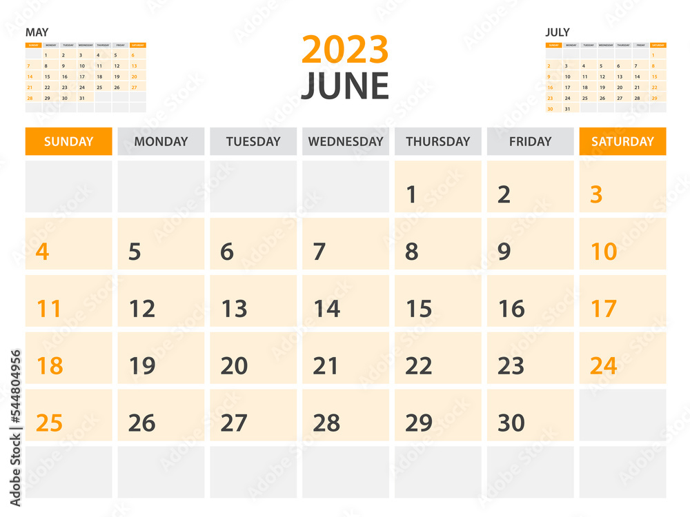 Calendar 2023 template-June 2023 year, monthly planner, Desk Calendar 2023 template, Wall calendar design, Week Start On Sunday, Stationery, printing, office organizer vector, orange background Calendar 2023 template-June 2023 year, monthly planner, Desk Calendar 2023 template, Wall calendar design, Week Start On Sunday, Stationery, printing, office organizer vector, orange background