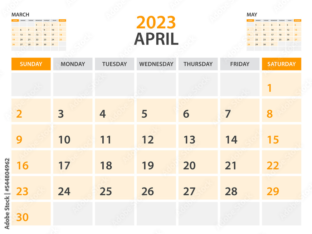 Calendar 2023 template-April 2023 year, monthly planner, Desk Calendar 2023 template, Wall calendar design, Week Start On Sunday, Stationery, printing, office organizer vector, orange background