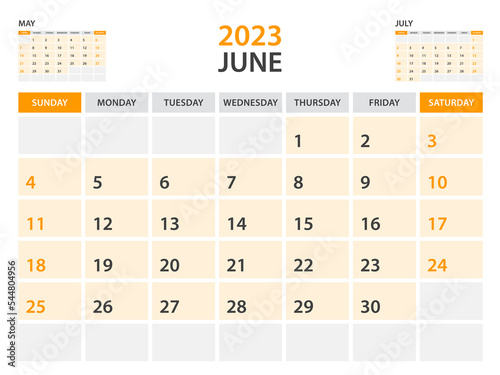 Calendar 2023 template-June 2023 year, monthly planner, Desk Calendar 2023 template, Wall calendar design, Week Start On Sunday, Stationery, printing, office organizer vector, orange background