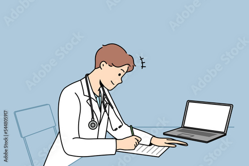 Male doctor sit at desk in hospital work on laptop write prescription to patient. Modern man GP in clinic handwrite in medical journal. Medicine. Vector illustration. 