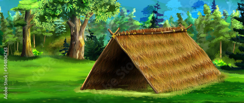 Stray hut in a forest clearing illustration photo