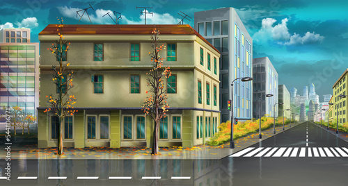 Street of a big city in cloudy weather