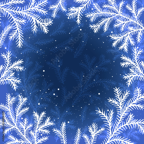 Winter background with Christmas tree branches, snow and snowflakes  and a place for the inscription for greeting cards, insragram post, banners, posters, isolated vector illustration