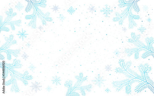 Winter background with Christmas tree branches, snow and snowflakes  and a place for the inscription for greeting cards, insragram post, banners, posters, isolated vector illustration