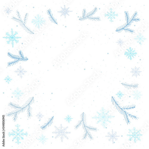 Winter background with Christmas tree branches, snow and snowflakes for instagram post, greeting cards, banners, posters, isolated vector illustration